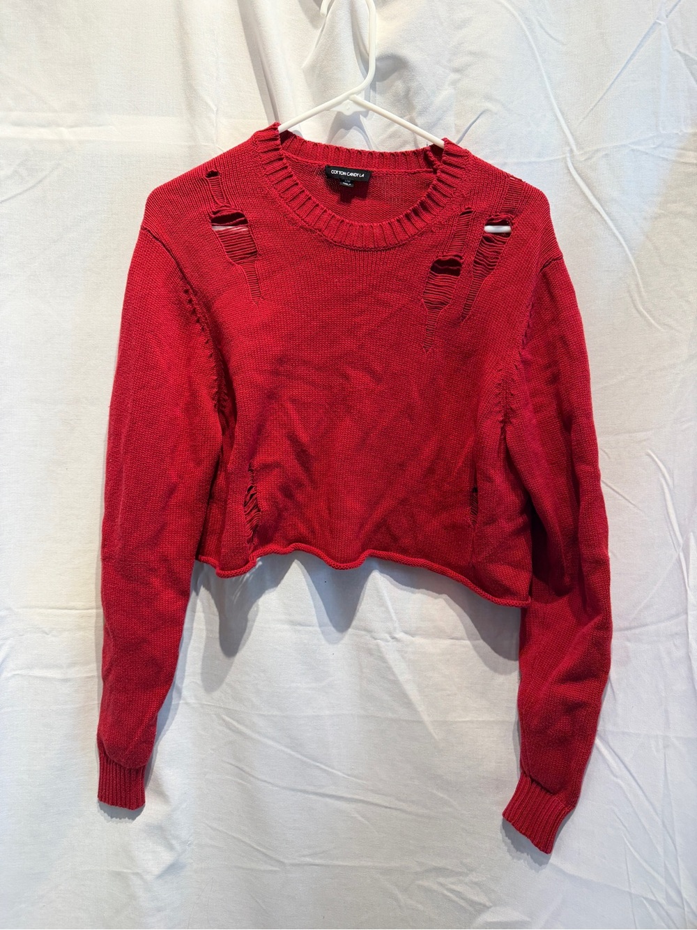 Red Distressed Cropped Crewneck Sweater